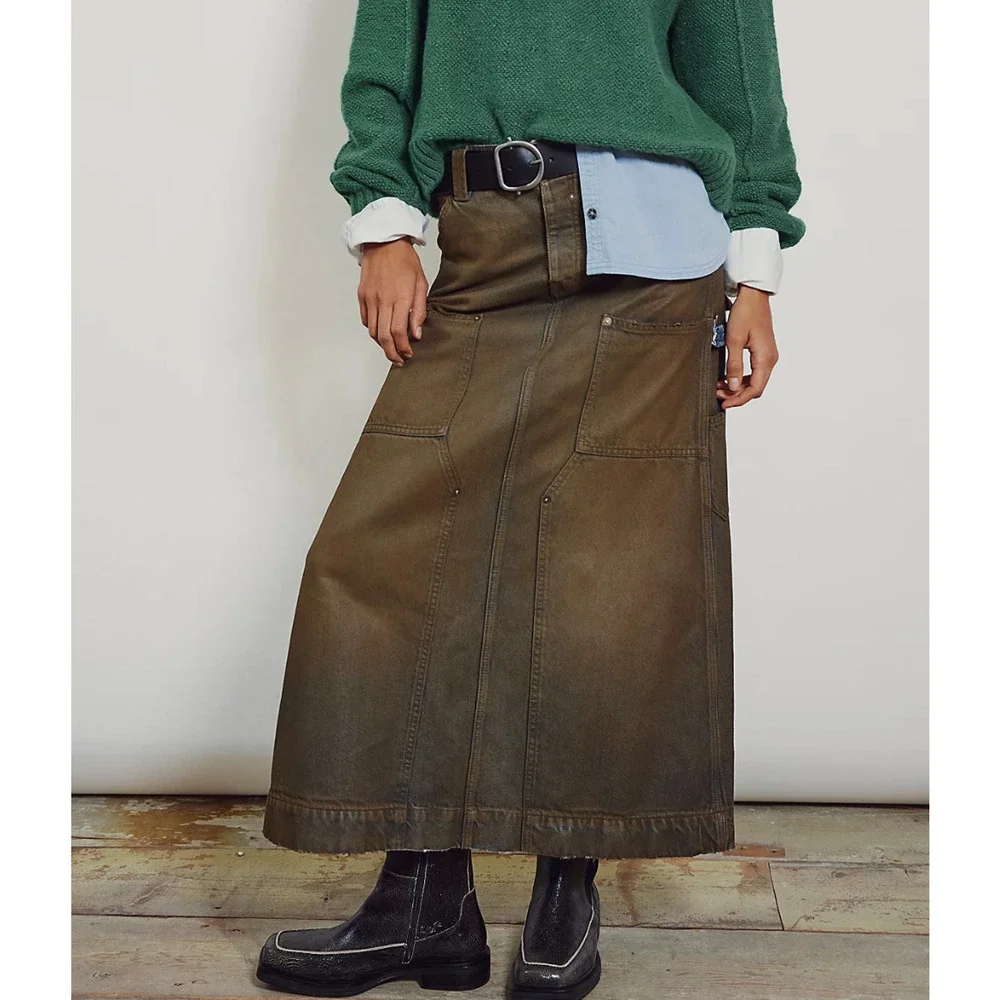 NEW FREE PEOPLE WE THE FREE NEW MOON HARMONICA COATED DENIM MAXI SKIRT SZ 26
